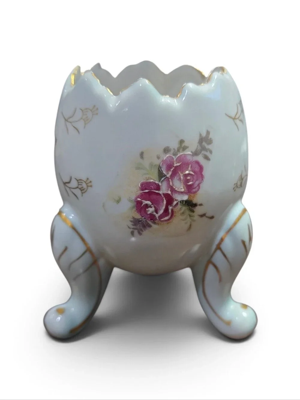 Vintage Inarco Porcelain Footed Vase Egg Pink Roses Gold Victorian Bridgerton